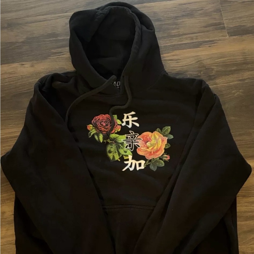 LADRFT Men’s Black Graphic Print Floral Drawstring Hoodie Size Large